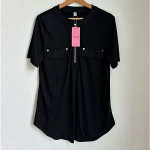 LUCKY MORE women’s short sleeve black zip flowy tunic blouse size Large NWT
